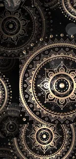 Black and gold mandala pattern wallpaper with ornate details.