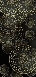 Elegant black and gold mandala wallpaper with intricate patterns.