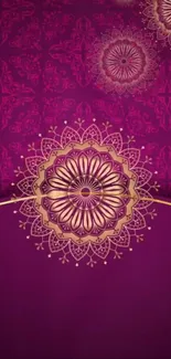 Intricate gold mandala on rich purple background mobile wallpaper.