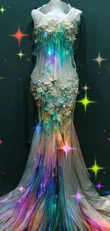 Elegant mannequin with a rainbow flowing gown against a dark cyan background.