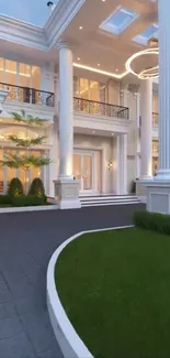 Luxurious mansion exterior with grand columns and lush surroundings.