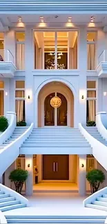 Luxurious mansion with twin staircases and elegant design.