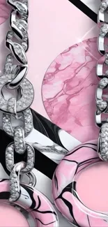 Mobile wallpaper with marble texture and metallic chains in pink and gray.