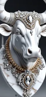 Marble bull sculpture adorned with jewelry