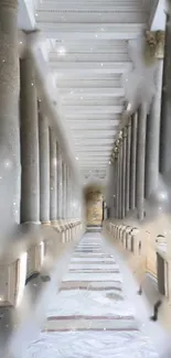 Elegant marble corridor with soft lighting and detailed architecture.