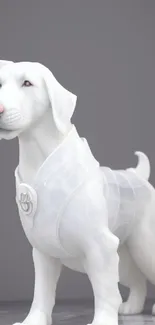 Elegant white marble dog sculpture on gray background.