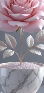 Wallpaper of a marble pot with a pink rose and leaves.