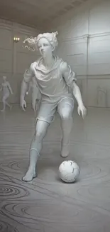 Marble statue of a player in a minimalist room, focusing on a soccer ball.