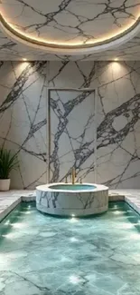 Luxurious marble-themed spa with elegant indoor pool.