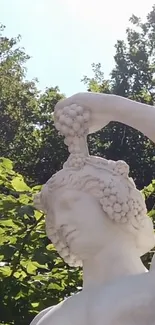 Marble statue with grapes set against a backdrop of green leaves.