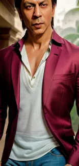 Man in a maroon suit standing outdoors, showcasing elegance and style.