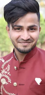 Man in embroidered maroon suit portrait.