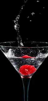 Martini glass with splash and raspberry on black background.