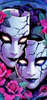 Artistic wallpaper featuring masks with vibrant roses.