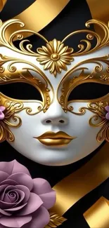 Elegant masked mobile wallpaper with gold and floral details.