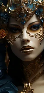 Ornately masked figure with gold and floral details.