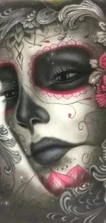 Elegant masked face with floral accents in gray tones.