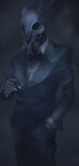 Enigmatic figure in a dark suit with an animal mask in a mysterious setting.