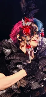 Elegant masked performer with roses and dramatic ruffles.