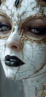 A detailed artistic masked face with gold accents, perfect for mobile wallpaper.