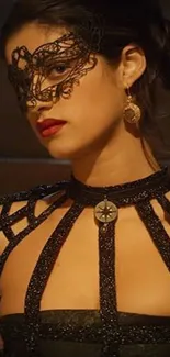 Woman in elegant black dress wearing a lace mask with red lipstick.