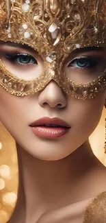 Elegant woman with golden mask and rich details in mobile wallpaper.