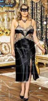 Elegant black satin gown at a masquerade with opulent gold decor.