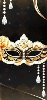 Elegant gold and black masquerade mask wallpaper with pearls.