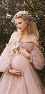 Elegant maternity scene with soft pink dress in nature setting.