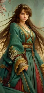 Elegant medieval woman in detailed teal dress with floral accents.