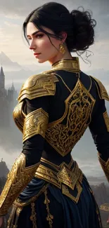 Elegant woman in gold armor overlooking misty castle landscape.