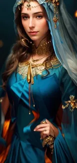 Medieval fantasy portrait in elegant blue attire with gold accents.