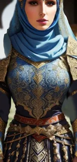 A medieval woman in blue and gold attire with intricate patterns.