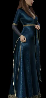 Woman in elegant medieval blue gown with gold accents on black background.