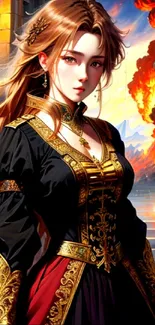 Medieval maiden in ornate attire with fiery backdrop, vibrant mobile wallpaper.