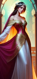 Elegant medieval princess in a lavish gown with a glowing backdrop.