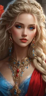Elegant medieval princess with braided hair and intricate jewelry.