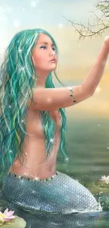 Mermaid with flowing blue hair in scenic fantasy setting with flowers.