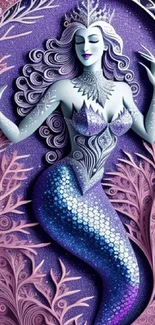 Elegant mermaid with intricate purple design on mobile wallpaper.