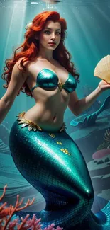 Vibrant mermaid with teal scales holding a seashell underwater.