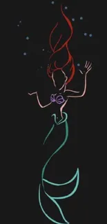 Elegant mermaid outline on black background with vibrant colors.