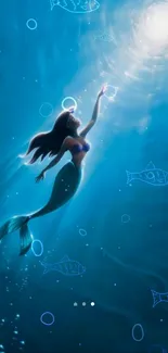 Graceful mermaid in luminous blue sea, surrounded by fish and light.