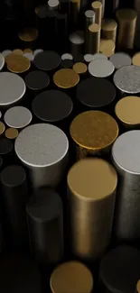Metallic cylinders of various sizes arranged in a stylish pattern.