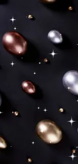 Modern wallpaper with shiny metallic eggs on black.