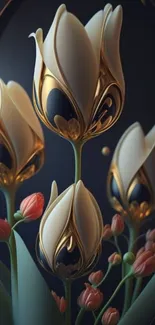 Elegant metallic tulips with gold accents on a black background.