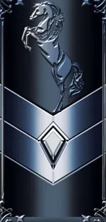 Metallic horse design on a dark blue wallpaper.