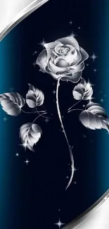 Metallic silver rose on dark blue background wallpaper.