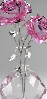 Metallic pink roses in a crystal vase with a modern design.