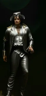 Figure in metallic suit on dark background, stylish wallpaper.