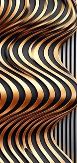 Mobile wallpaper with elegant gold and black metallic waves design.